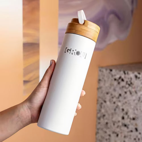 White Water Bottle 20oz - Wooden Cap Stainless Steel